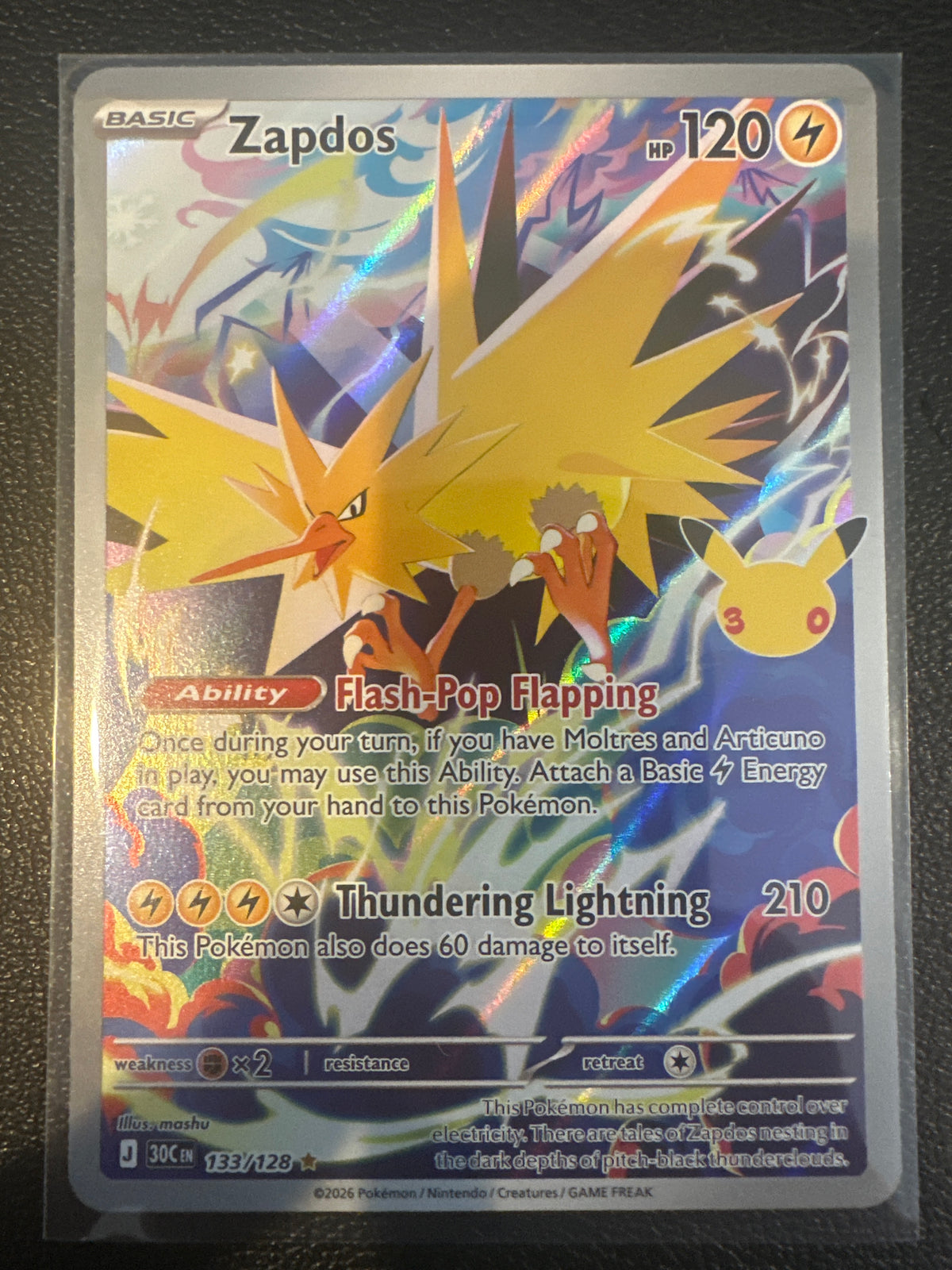Pokemon TCG 30th Celebration Zapdos Holo Secret Rare #133/128