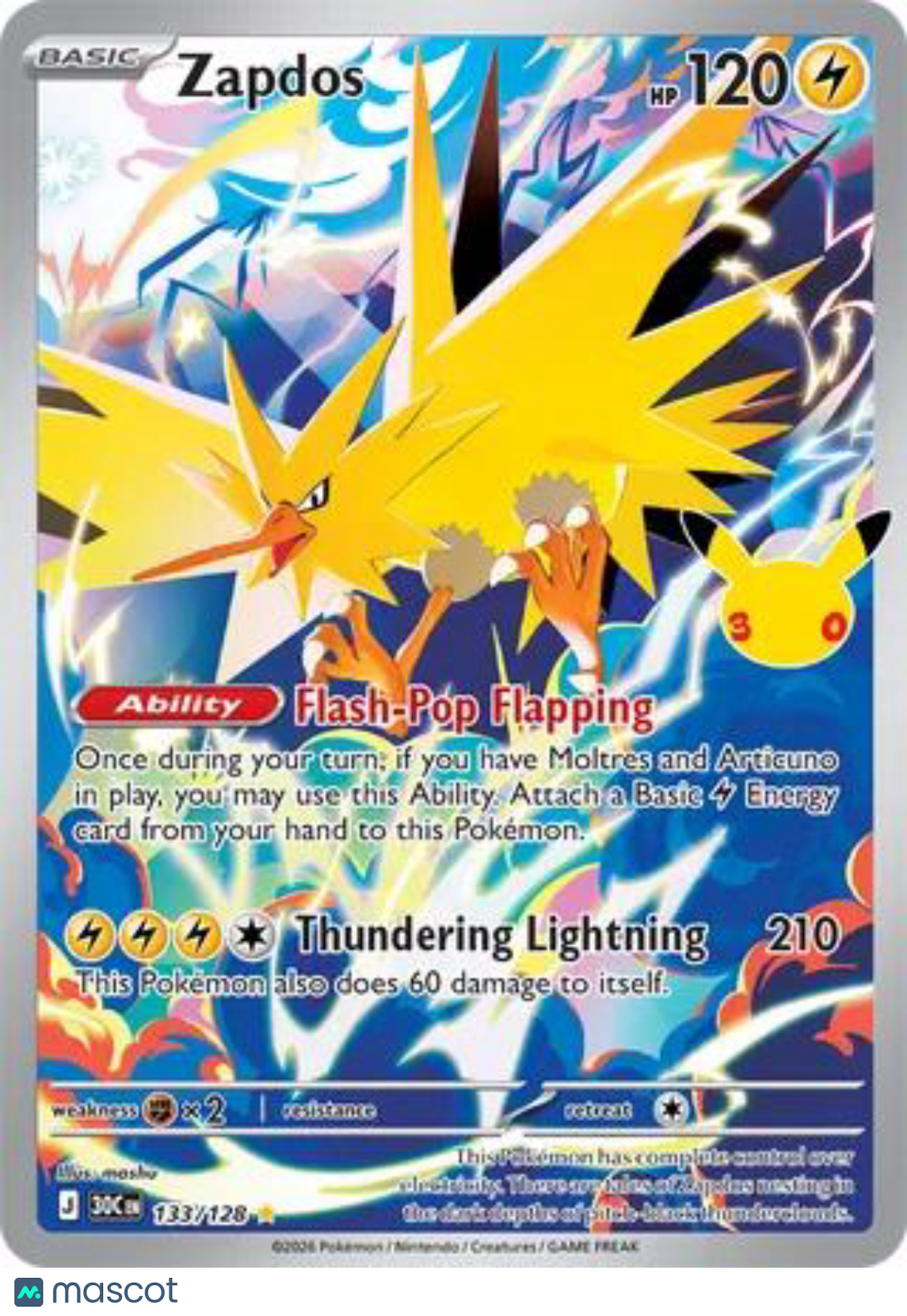 Pokemon TCG 30th Celebration Zapdos Holo Secret Rare #133/128
