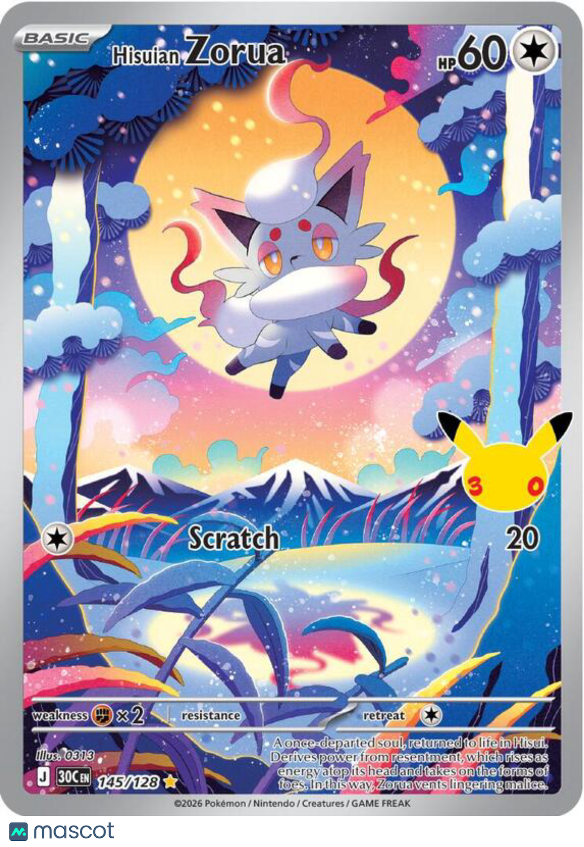 Pokemon TCG 30th Celebration Hisuian Zorua Holo Secret Rare #145/128