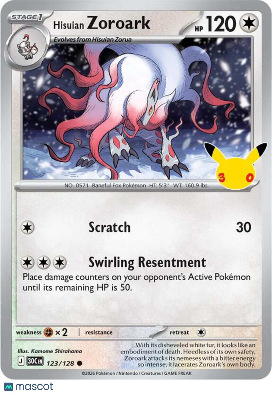 Pokemon TCG 30th Celebration Hisuian Zoroark Holo #123/128