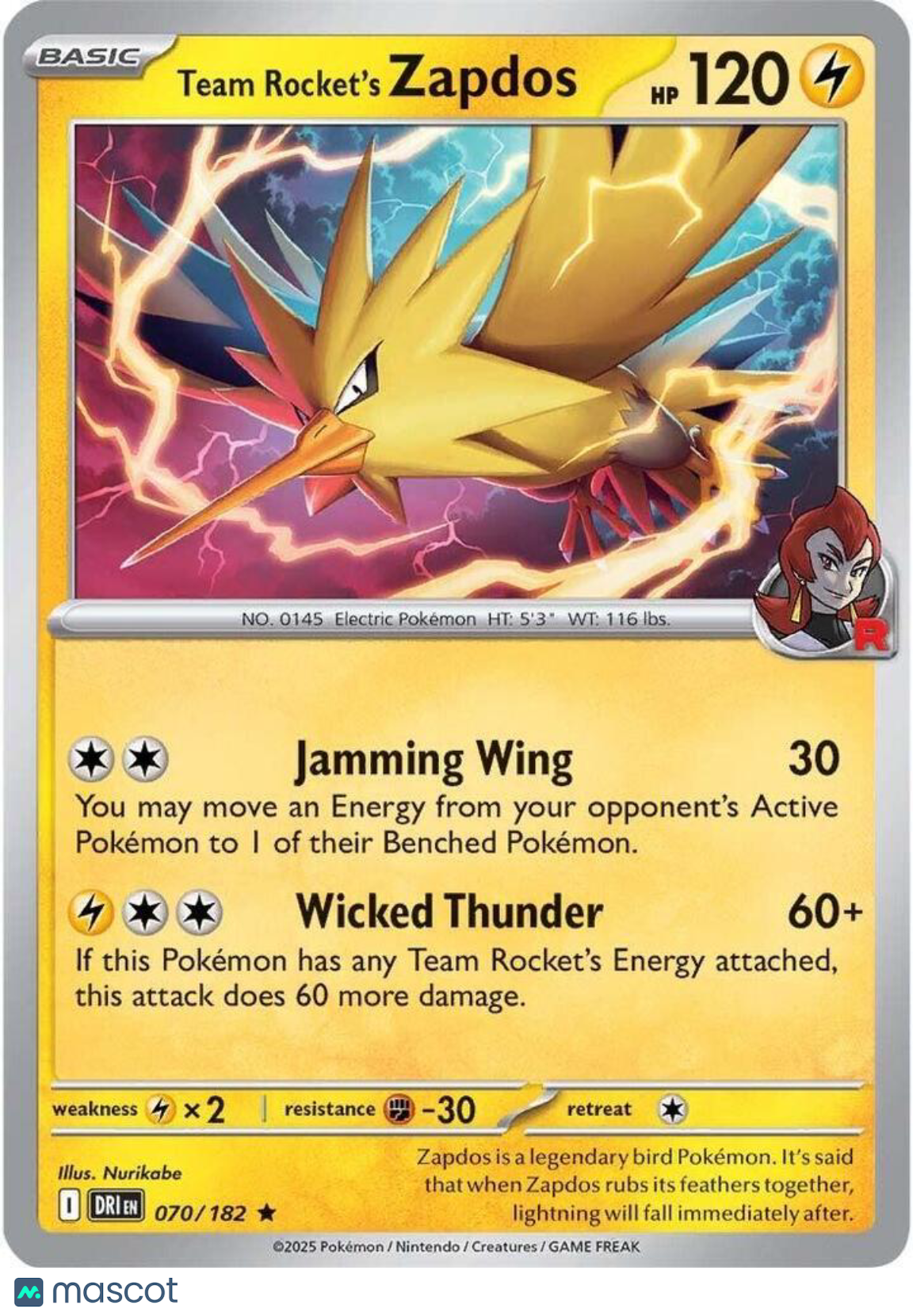 2025 Destined Rivals Team Rocket's Zapdos Holo Rare #70/182