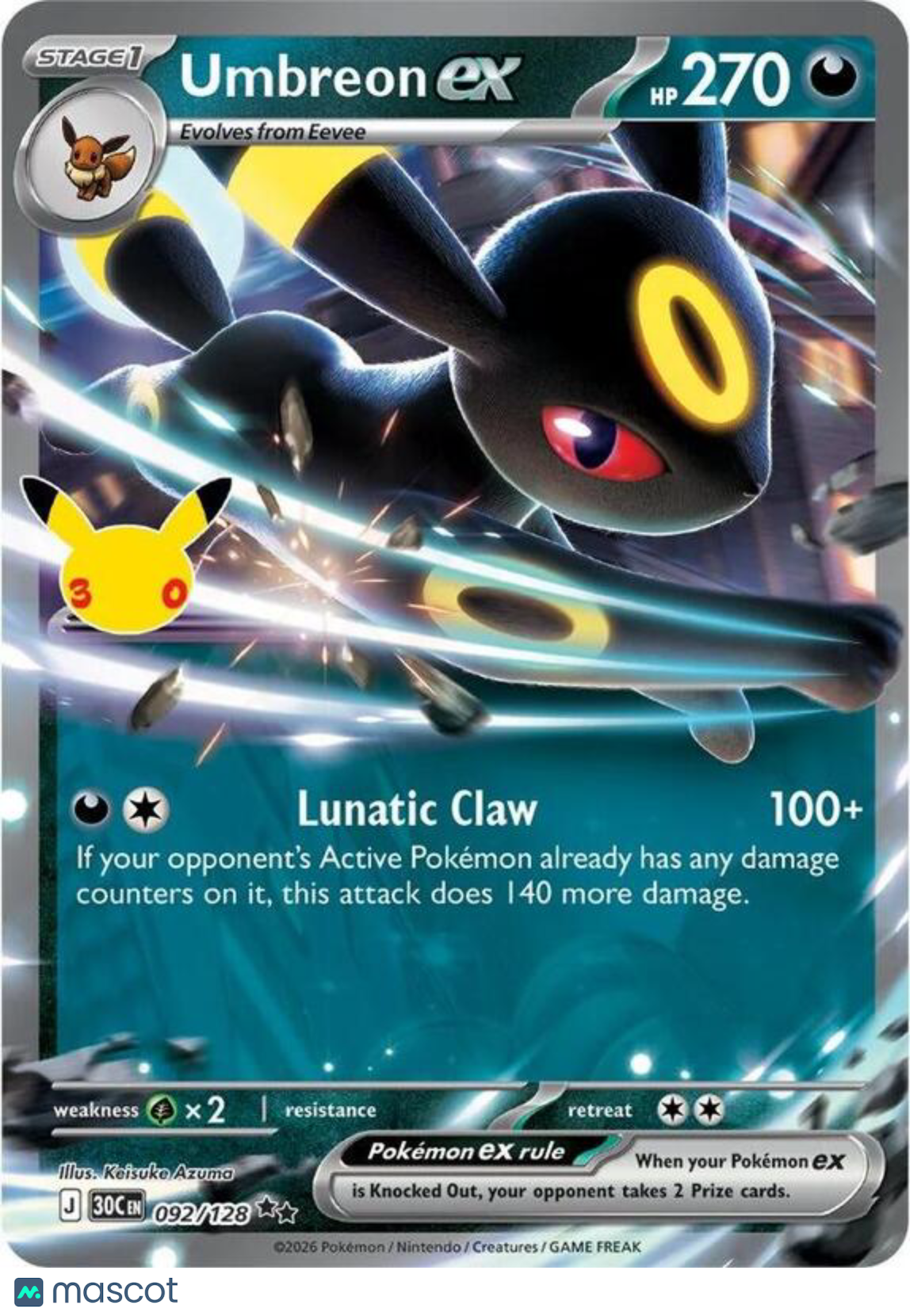 Pokemon TCG 30th Celebration Umbreon EX Holo Double Rare #92/128