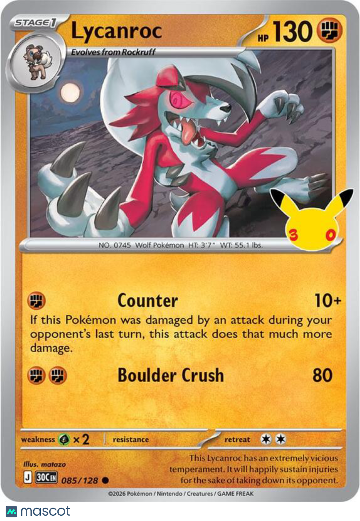 Pokemon TCG 30th Celebration Lycanroc Reverse Holo #85/128