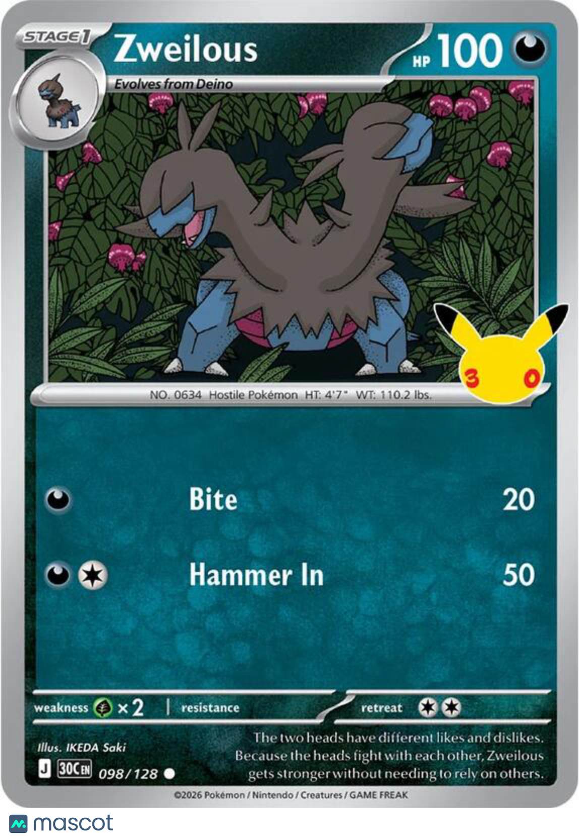 Pokemon TCG 30th Celebration Zweilous Reverse Holo #98/128