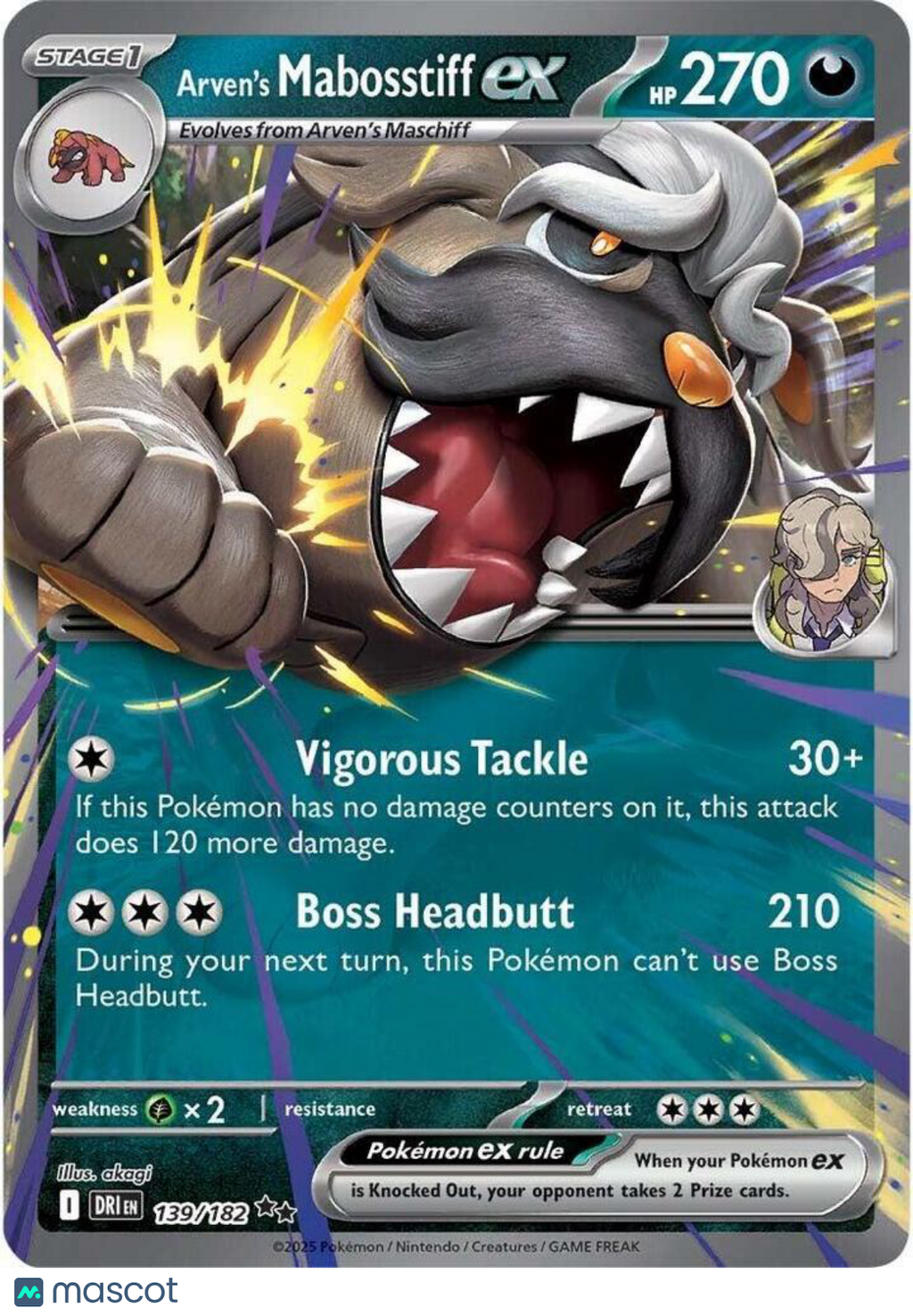 2025 Destined Rivals Arven's Mabosstiff EX Holo Double Rare RR #139/182