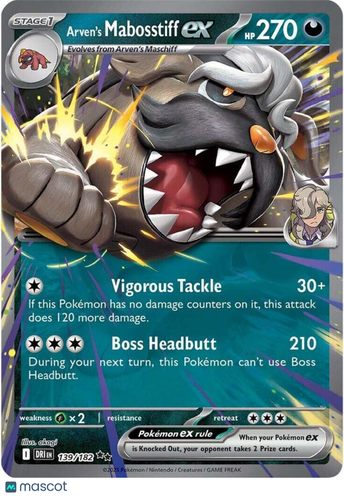 2025 Destined Rivals Arven's Mabosstiff EX Holo Double Rare RR #139/182